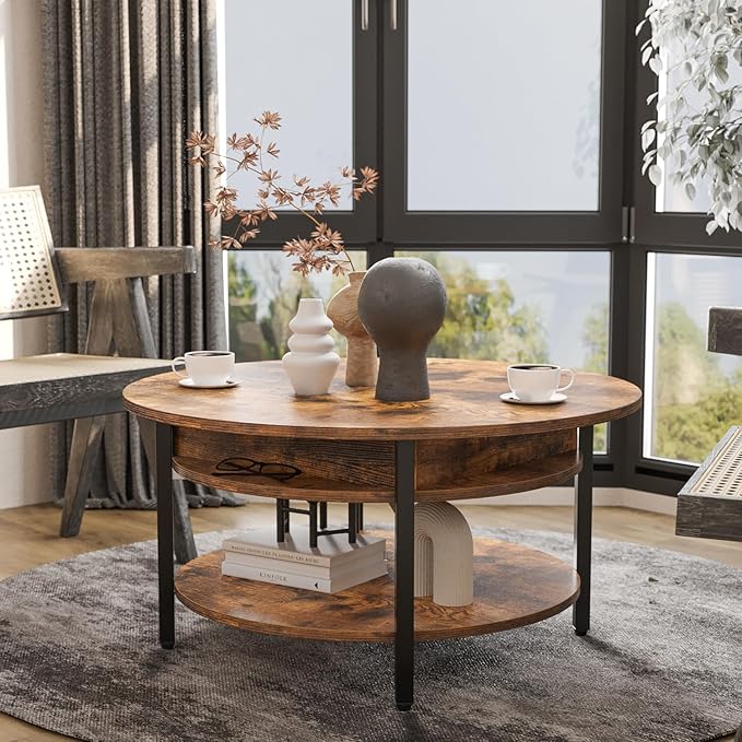 FABATO Round Lift Top Coffee Table with Storage and Hidden Compartment, 26.77'' Farmhouse Coffee Table for Living Room Reception Room, 2 Tier Small Round Coffee Table Circle Dining Table, Rustic Brown - LeafyLoom