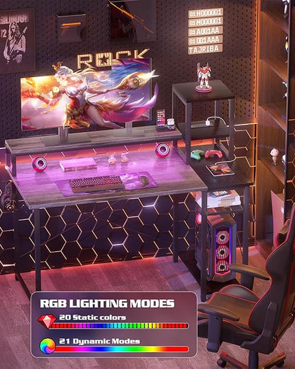 armocity 2024 Upgrade Gaming Desk with LED Lights, Small Computer Desk with Long Monitor Stand, 40'' Reversible Laptop Table with Storage Shelves, Small Desk for Small Spaces, Gaming Room, Grey - LeafyLoom