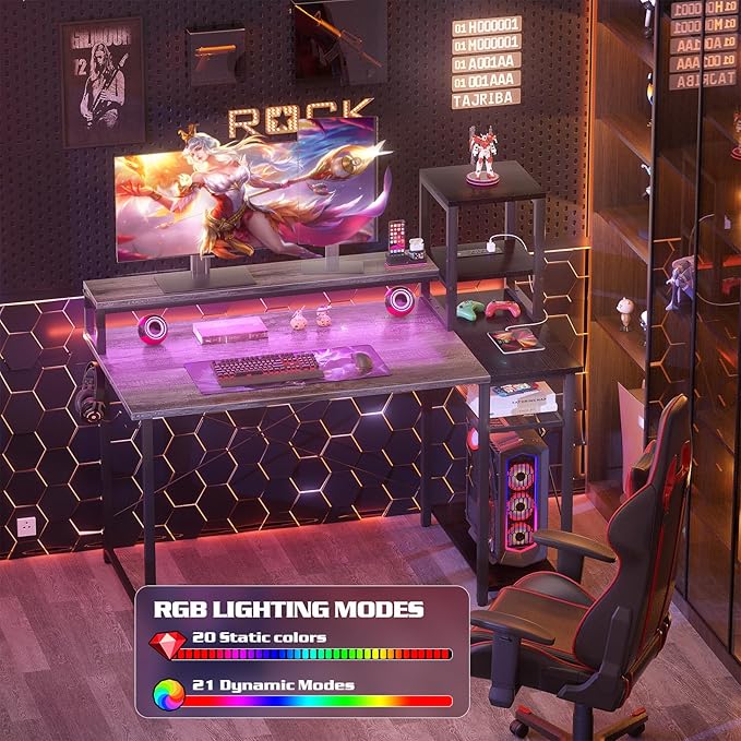 armocity 2024 Upgrade Gaming Desk with LED Lights, Small Computer Desk with Long Monitor Stand, 40'' Reversible Laptop Table with Storage Shelves, Small Desk for Small Spaces, Gaming Room, Grey - LeafyLoom