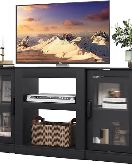 WLIVE Retro TV Stand for 65 inch TV, TV Console Cabinet with Storage, Open Shelves Entertainment Center for Living Room and Bedroom, Black - LeafyLoom