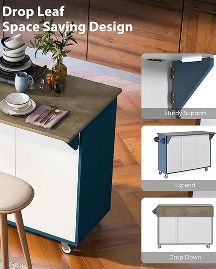 Retro Mountain Wood 47" D Rolling Island with Drop Leaf, Farmhouse Cart on Wheels with Internal Storage Towel Rack for Kitchen, Dining Room, Navy Blue, 51.57 Inch - LeafyLoom