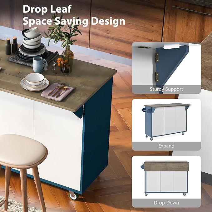 Retro Mountain Wood 47" D Rolling Island with Drop Leaf, Farmhouse Cart on Wheels with Internal Storage Towel Rack for Kitchen, Dining Room, Navy Blue, 51.57 Inch - LeafyLoom