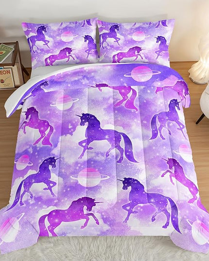 HOSIMA Purple Unicorn Bedding Sets for Girls Kids,3 Piece Soft Microfiber Galaxy Comforter Princess Crib Bedding Set Unicorn Bedroom Decor for Girls Room,Planet Cloud Queen Comforter Set. - LeafyLoom