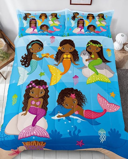 Little Mermaid Bedding, Black Girl Comforter Set Twin Size, Black Mermaid Bedroom Decor for Girls, Princess Twin Bed Set for Kids Teens with 1 Comforter and 2 Pillow Cases - LeafyLoom
