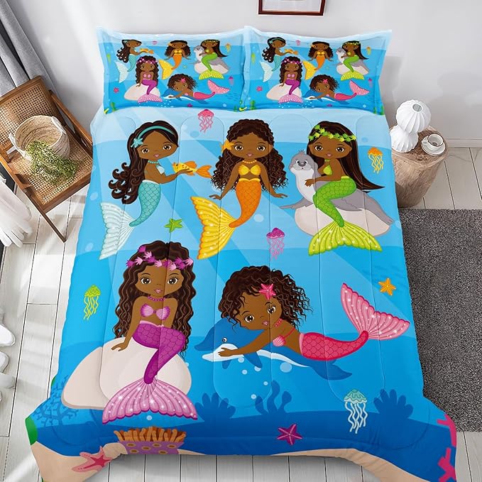 Little Mermaid Bedding, Black Girl Comforter Set Twin Size, Black Mermaid Bedroom Decor for Girls, Princess Twin Bed Set for Kids Teens with 1 Comforter and 2 Pillow Cases - LeafyLoom