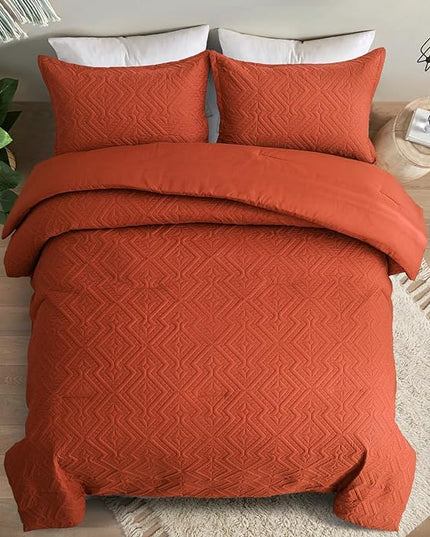 WONGS BEDDING Burnt Orange Comforter Set Queen Size(90“×90”), Terracotta Boho Geometric Textured Bedding Comforter Sets - 3 Pieces Soft Microfiber Ultrasonic Bedding with 2 Pillowcases - LeafyLoom