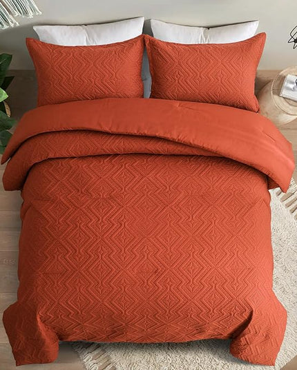WONGS BEDDING Burnt Orange Comforter Set King Size(104“×90”),Reversible terracotta Boho Geometric Textured Bedding Comforter Sets - 3 Pieces Soft Microfiber Ultrasonic Bedding with 2 Pillow Cases - LeafyLoom