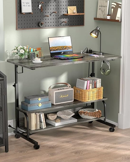 39" Height Adjustable Standing Desk with Power Outlets - Manual Rolling Stand Up Desk with Wheels Small Portable Computer Desk Mobile Laptop Table with Storage Shelves for Home Office, Grey Oak - LeafyLoom