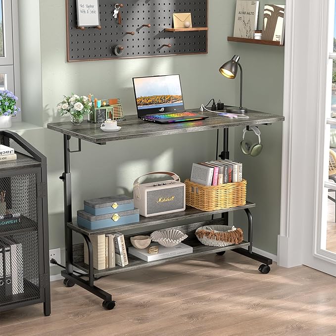 39" Height Adjustable Standing Desk with Power Outlets - Manual Rolling Stand Up Desk with Wheels Small Portable Computer Desk Mobile Laptop Table with Storage Shelves for Home Office, Grey Oak - LeafyLoom