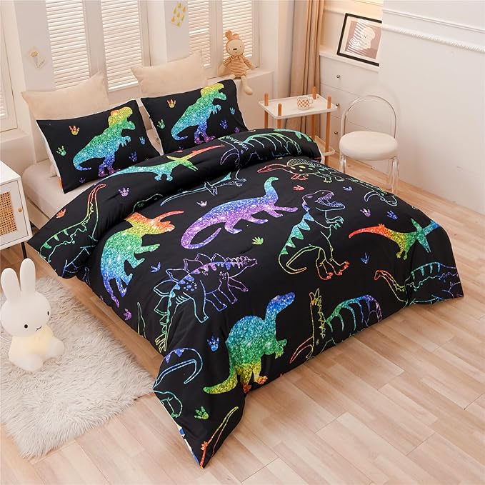 Meeting Story Dinosaur Comforter Set, Fluorescence Gradation Dinosaur Twin Comforter Set, 3 PCS 1 Comforter and 2 Pillowcases in One Bag, All Season Bedspread for Kids Teens Adults（Twin） - LeafyLoom