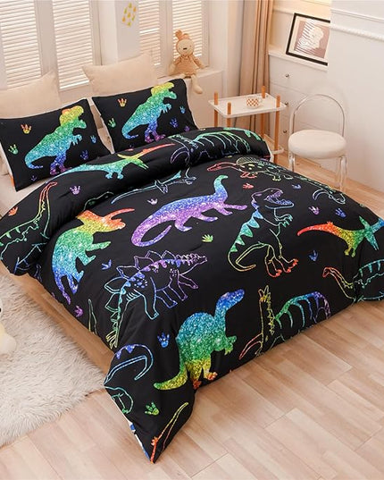 Meeting Story Dinosaur Comforter Set,Gradation Fluorescence Dinosaur Full Comforter Set, 3 PCS 1 Comforter and 2 Pillowcases in One Bag, All Season Bedspread for Kids Teens Adults（Full） - LeafyLoom