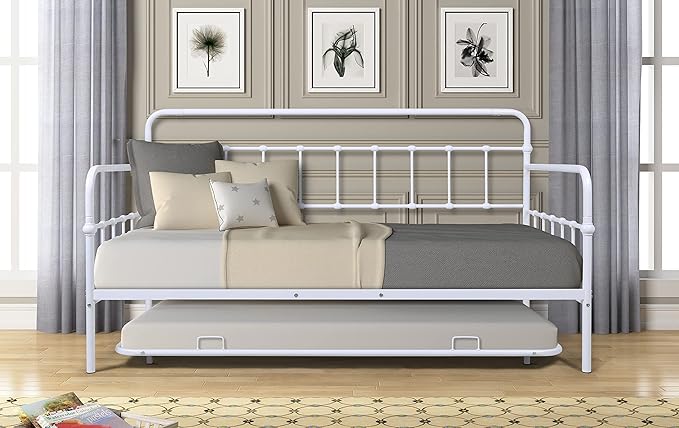 Twin Size Daybed W/Trundle,Metal Sofa Bed Frame with Heavy Duty Steel Slat Support,No Box Spring Needed,for Living Room Bedroom Guest Room,White - LeafyLoom
