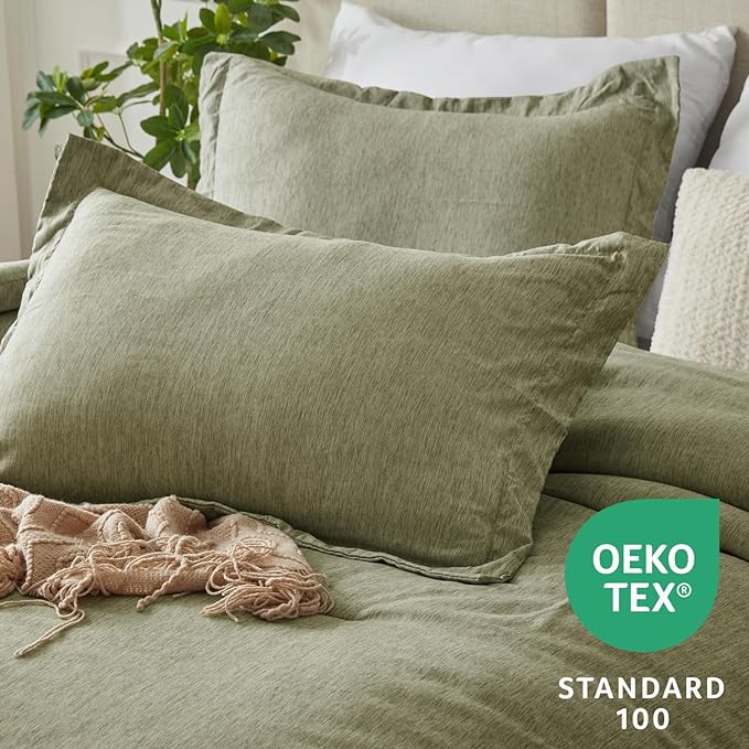 CozyLux Queen Size Comforter Set - 3 Pieces Olive Green Soft Luxury Cationic Dyeing Bedding Comforter for All Season, Breathable Lightweight Fluffy Boho Bed Sets with 1 Comforter and 2 Pillow Shams - LeafyLoom