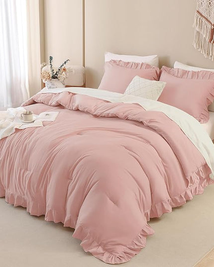 Andency Blush Pink Ruffle Comforter Queen, 3 Pieces Rustic Farmhouse Shabby Chic Comforter, All Season Soft Microfiber Down Alternative Bedding Comforter Set - LeafyLoom