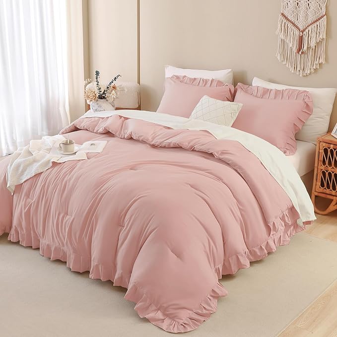 Andency Blush Pink Ruffle Comforter King, 3 Pieces All Season Farmhouse Shabby Chic Comforter, Vintage Rustic Soft Microfiber Down Alternative Bedding Comforter Set - LeafyLoom