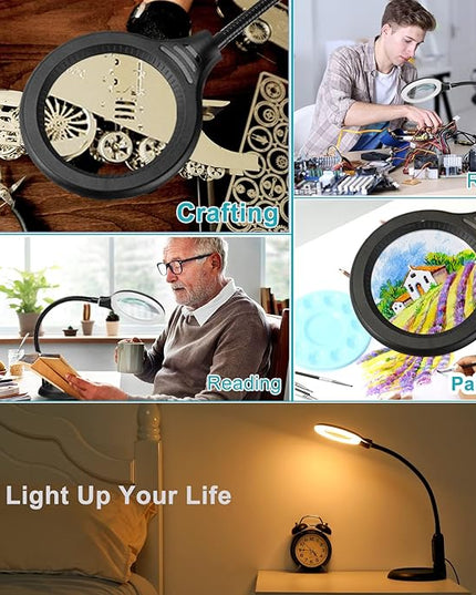 8X Magnifying Glass with Light and Clamp, 5 Color Modes Stepless Dimmable Lighted Magnifier with Stand, Flexible Gooseneck LED Desk Lamp Hands Free for Craft Reading Painting Hobby Close Work - LeafyLoom