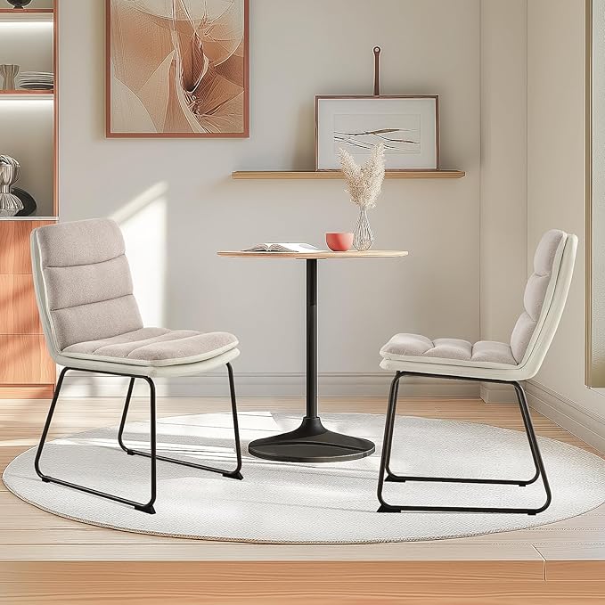 Dining Chairs Set of 2, Upholstered Dining Room Kitchen Chairs with Metal Legs, Modern Fabric PU Leather Side Chairs for Home Office, Light Brown - LeafyLoom