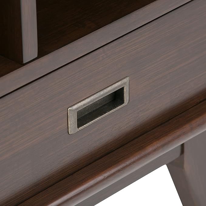 SIMPLIHOME Draper SOLID HARDWOOD 35 Inch Mid Century Modern Wide Bookcase and Storage Unit in Medium Auburn Brown, For the Living Room, Study Room and Office - LeafyLoom