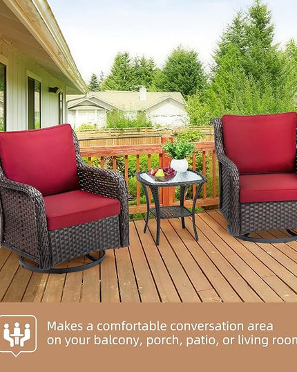 IDEALHOUSE 3 Pieces Outdoor Wicker Swivel Rocker Patio Set, 360-Degree Swivel Rocking Chair Elegant Wicker Patio Bistro Set with Tempered Glass Top Side Table (Rust Color) - LeafyLoom