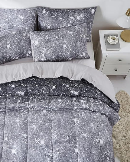 Grey Glitter Comforter Set Twin Size for Boys Teen, Sparkle Galaxy Twinkle Starlight Comforter for Kids Adult, 2 Piece Black Grey Ombre Bedding Set with 1 Pillow Case(Grey,Twin) - LeafyLoom