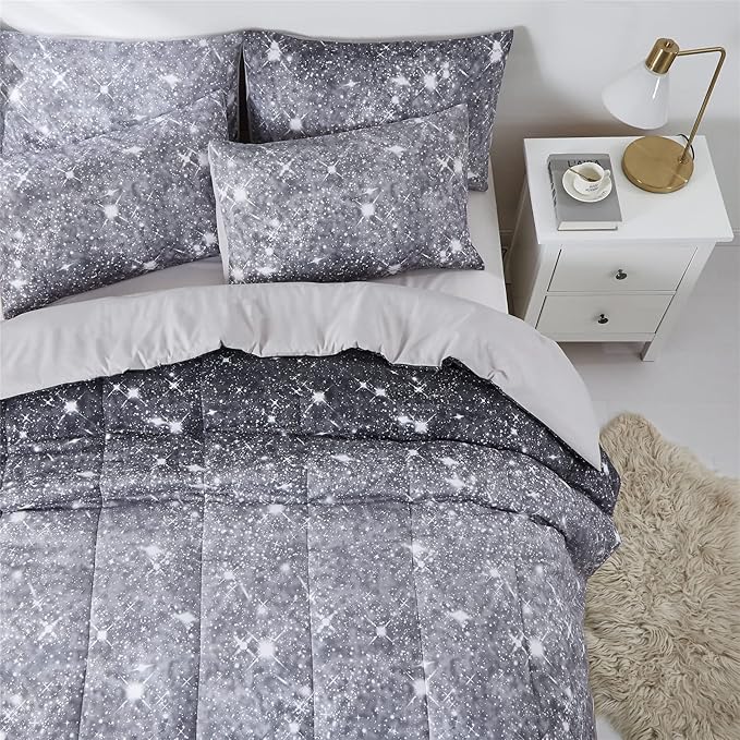 Grey Glitter Comforter Set Twin Size for Boys Teen, Sparkle Galaxy Twinkle Starlight Comforter for Kids Adult, 2 Piece Black Grey Ombre Bedding Set with 1 Pillow Case(Grey,Twin) - LeafyLoom