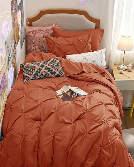 Bedsure Twin Size Comforter Sets - 5 Pieces Pintuck Bed Set Twin Size, Orange Twin Size Bed in a Bag with Comforter, Sheets, Pillowcase & Sham - LeafyLoom