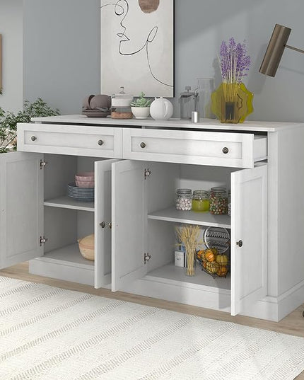 60" Sideboard Storage Buffet Cabinet with 2 Drawers,Wooden Console Table,W/ 4 Doors,Adjustable Shelves,Not Easy to Deform,for Dining Room/Kitchen/Entryway,Antique White - LeafyLoom