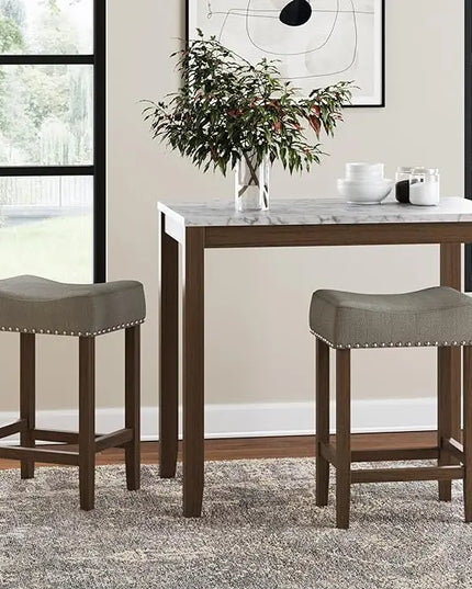 Nathan James Viktor 3 Piece Dining Set, Heigh Kitchen Counter Pub or Breakfast Table with Marble Top and Fabric Wood Base Seat, Gray/Dark Brown - LeafyLoom