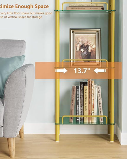 5-Tier Bookcase, Tempered Glass Bookshelves, Narrow Bookshelf for Small Spaces, Storage Rack Display Shelf Slim Shelving Unit for Living Room, Bedroom, Bathroom, Entryway, Office, Golden - LeafyLoom