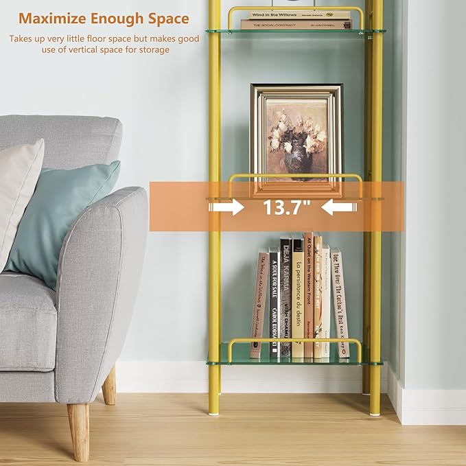 5-Tier Bookcase, Tempered Glass Bookshelves, Narrow Bookshelf for Small Spaces, Storage Rack Display Shelf Slim Shelving Unit for Living Room, Bedroom, Bathroom, Entryway, Office, Golden - LeafyLoom