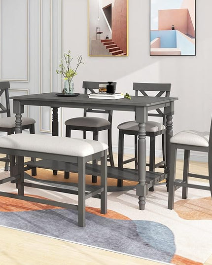 6-Piece Wood Counter Height Dining Set, Rectangular Table with Shelf, 4 Chairs and Bench for Kitchen, Breakfast Nook, Living Room, Gray, 60" L x 29.5" W x 36" H - LeafyLoom