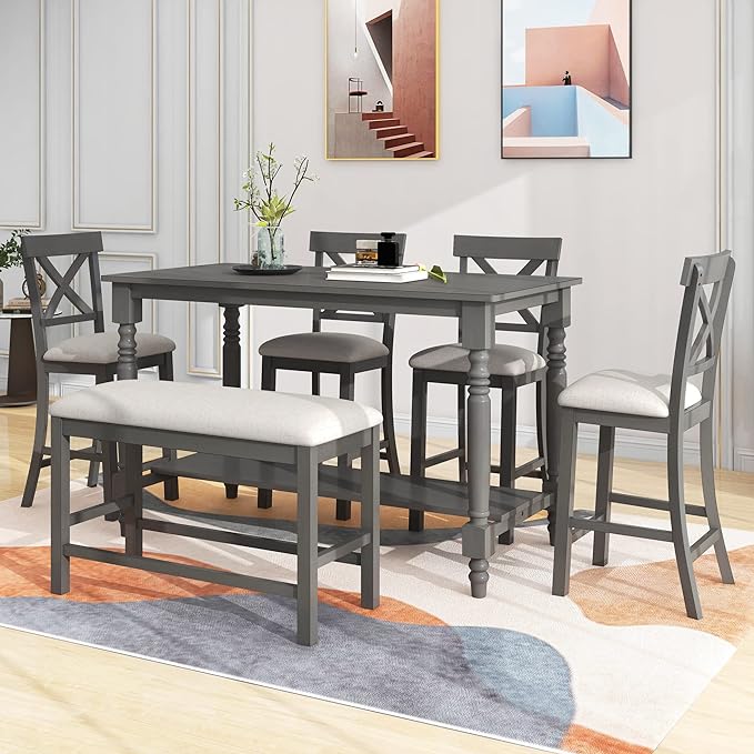 6-Piece Wood Counter Height Dining Set, Rectangular Table with Shelf, 4 Chairs and Bench for Kitchen, Breakfast Nook, Living Room, Gray, 60" L x 29.5" W x 36" H - LeafyLoom