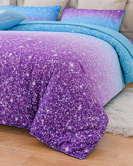A Nice Night Girls Comforter Set Twin Size 6 Piece Bed in A Bag 3D Colorful Sparkle Galaxy Rainbow Bedding Comforter Sheet Sets for Kids,BluePurple - LeafyLoom