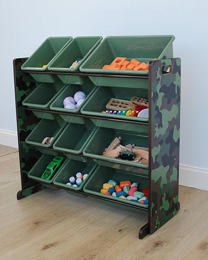 Humble Crew, Army Green Camo Hunter Toy Organizer with 12 Plastic Storage Bins - LeafyLoom