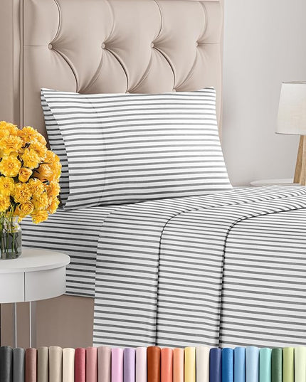 Twin XL Size 3 Piece Sheet Set - Comfy Breathable & Cooling Sheets - Hotel Luxury Bed Sheets for Women & Men - Deep Pockets, Easy-Fit, Soft & Wrinkle Free Sheets - Grey Stripes Oeko-Tex Bed Sheet Set - LeafyLoom