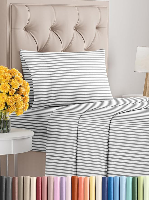 Twin Size 3 Piece Sheet Set - Comfy Breathable & Cooling Sheets - Hotel Luxury Bed Sheets for Women & Men - Deep Pockets, Easy-Fit, Soft & Wrinkle Free Sheets - Grey Stripes Oeko-Tex Bed Sheet Set - LeafyLoom