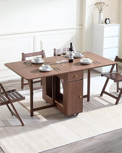 Extendable Drop Leaf Foldable Dining Table with 2 Drawers and 4 Wheels for Living Room Kitchen Farmhouse Space Saving Table in Walnut - LeafyLoom
