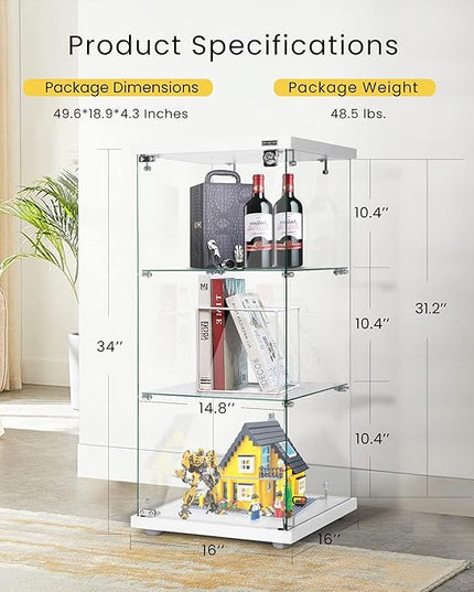 VIVOHOME 3 Layers 16''W x 16''D x 34''H Display Cabinet Showcase Countertop with Lock, 4mm Tempered Glass 25mm MDF Base - LeafyLoom