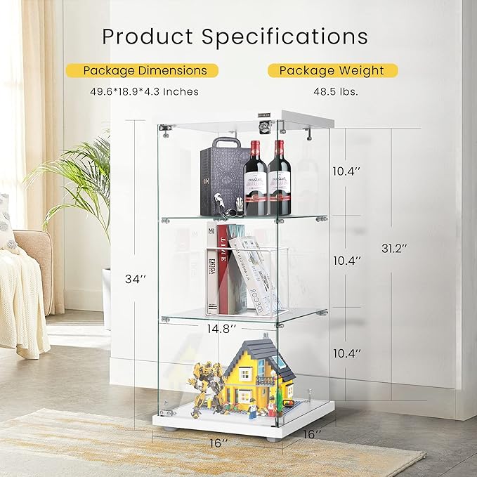 VIVOHOME 3 Layers 16''W x 16''D x 34''H Display Cabinet Showcase Countertop with Lock, 4mm Tempered Glass 25mm MDF Base - LeafyLoom