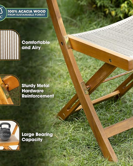 Heavy Duty 400lbs Capacity Patio Bistro Set 3 Piece Outdoor, Folding Chairs with Elegant, Wood Rope Design - Beige - LeafyLoom