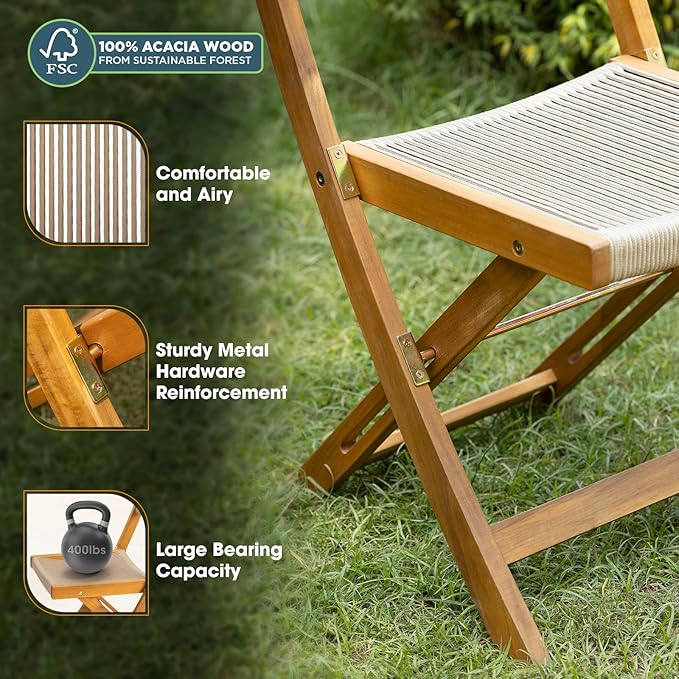 Heavy Duty 400lbs Capacity Patio Bistro Set 3 Piece Outdoor, Folding Chairs with Elegant, Wood Rope Design - Beige - LeafyLoom