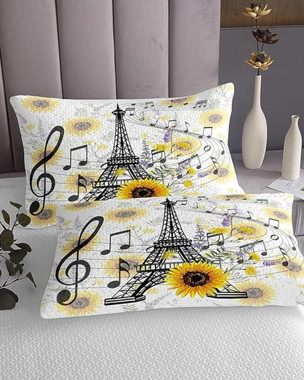 Feelyou Eiffel Tower Kids Comforter Set Cute Sunflower Comforter for Boys Children Teens Bedroom Decor Paris Tower Bedding Set Floral Music Themed Duvet Set King Size with 2 Pillow Case - LeafyLoom