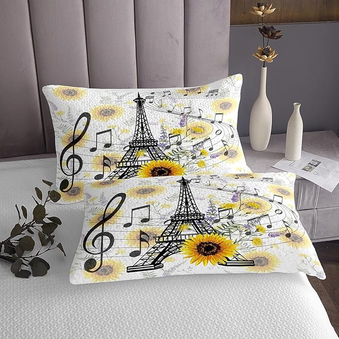 Feelyou Eiffel Tower Kids Comforter Set Cute Sunflower Comforter for Boys Children Teens Bedroom Decor Paris Tower Bedding Set Floral Music Themed Duvet Set King Size with 2 Pillow Case - LeafyLoom