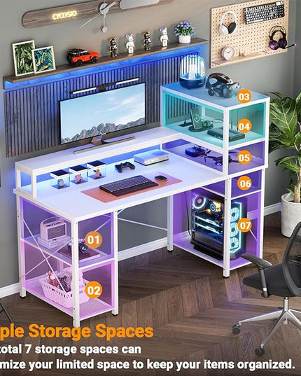 Cyclysio Gaming Desk with LED Light, 47 inch Computer Desk with Storage Shelves, Adjustable Home Office Desk with Power Outlets, Computer Gaming Desk with Long Monitor Stand for Small Space, White - LeafyLoom