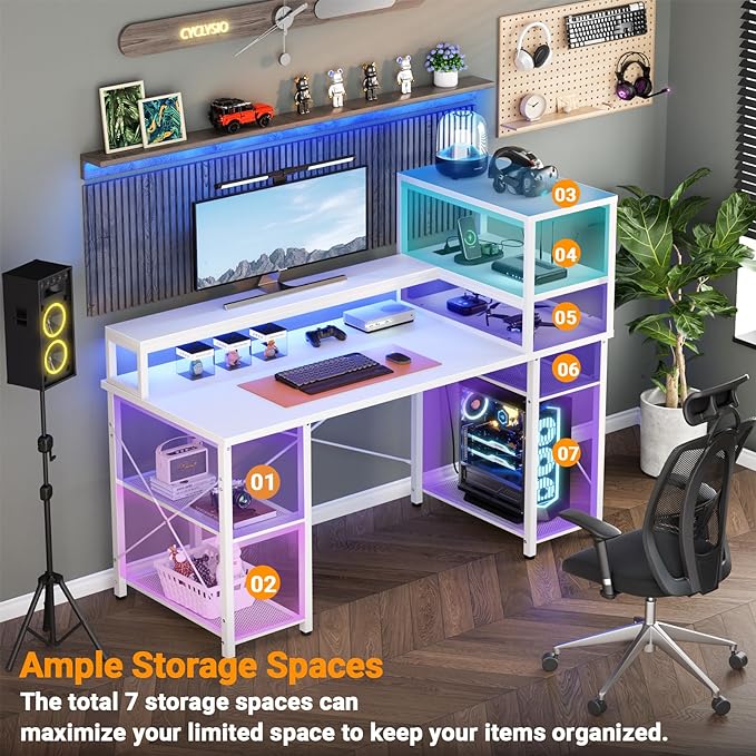Cyclysio Gaming Desk with LED Light, 47 inch Computer Desk with Storage Shelves, Adjustable Home Office Desk with Power Outlets, Computer Gaming Desk with Long Monitor Stand for Small Space, White - LeafyLoom