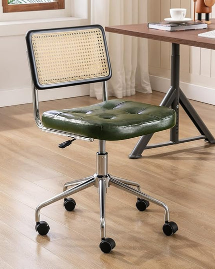 Zesthouse Mid Century Home Office Chair, Armless Desk Chair with Rattan Back, Adjustable Height Task Chair Vanity Chair for Girls Women, Upholstered Swivel Chair, Green Faux Leather - LeafyLoom