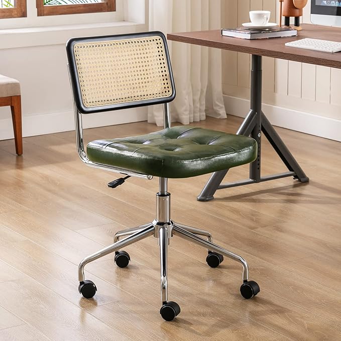 Zesthouse Mid Century Home Office Chair, Armless Desk Chair with Rattan Back, Adjustable Height Task Chair Vanity Chair for Girls Women, Upholstered Swivel Chair, Green Faux Leather - LeafyLoom