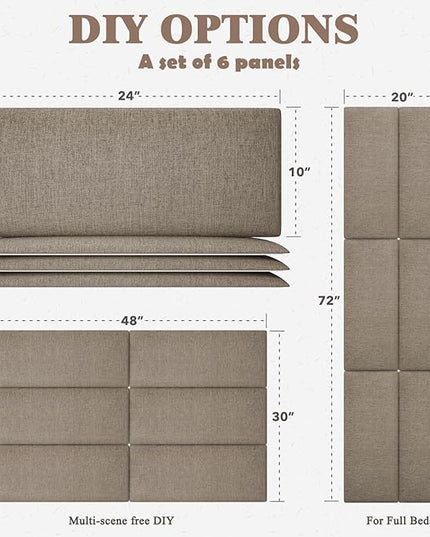 Twin Full Headboard, Wall Mounted Peel and Stick Headboard, Upholstered Tufted Bed Headboard for Twin Size Bed, Floating Dorm Bedroom Tall Headboard Soundproof Wall Panels (6 Panels, 10"x24") - LeafyLoom