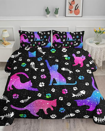 Cute Cat Comforter Kids Bedding Set Full,3Pcs Soft Paw Fish Bone Print Quilt Set Bed in A Bag with 1 Comforter 2 Pillowcases for Kids Boys Girls Teens Adults Room Decor All Season Gradient Purple Blue - LeafyLoom