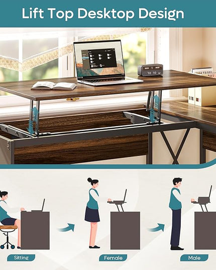 Bestier Lift Top L Shaped Desk with File Drawer, 55'' x 55'' Office Desk with Reversible Storage Drawers, L Shaped Standing Desk with Computer Monitor Stand (Walnut, 55'' x 55'') - LeafyLoom